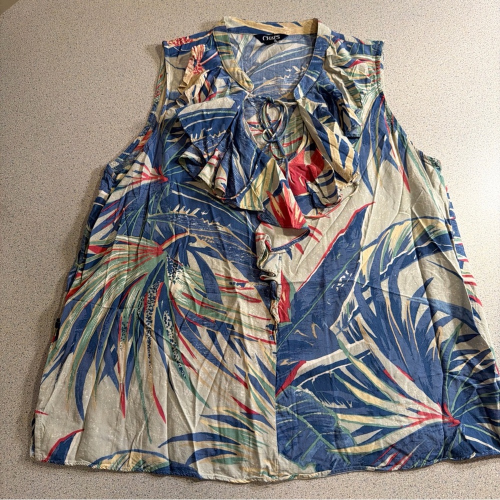 Chaps Tropical Ruffle-Neck Sleeveless Blouse – Blue, Green, Red